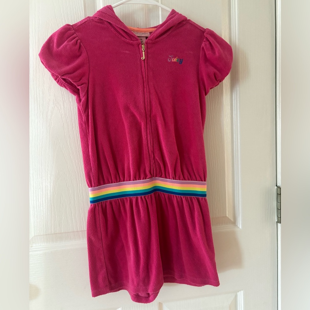 Juicy Couture Hot Pink Hooded Kids Romper with Rainbow Waistband